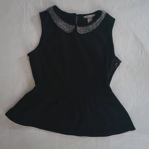 H&M Womens π Fancy Black Sequined Neck Fit And Flare Sleeveless Peplum Top - Picture 1 of 15